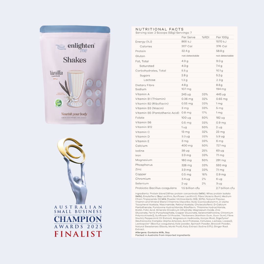 Nutritional facts and ingredient list for the Enlighten Me Shakes in Vanilla flavour.