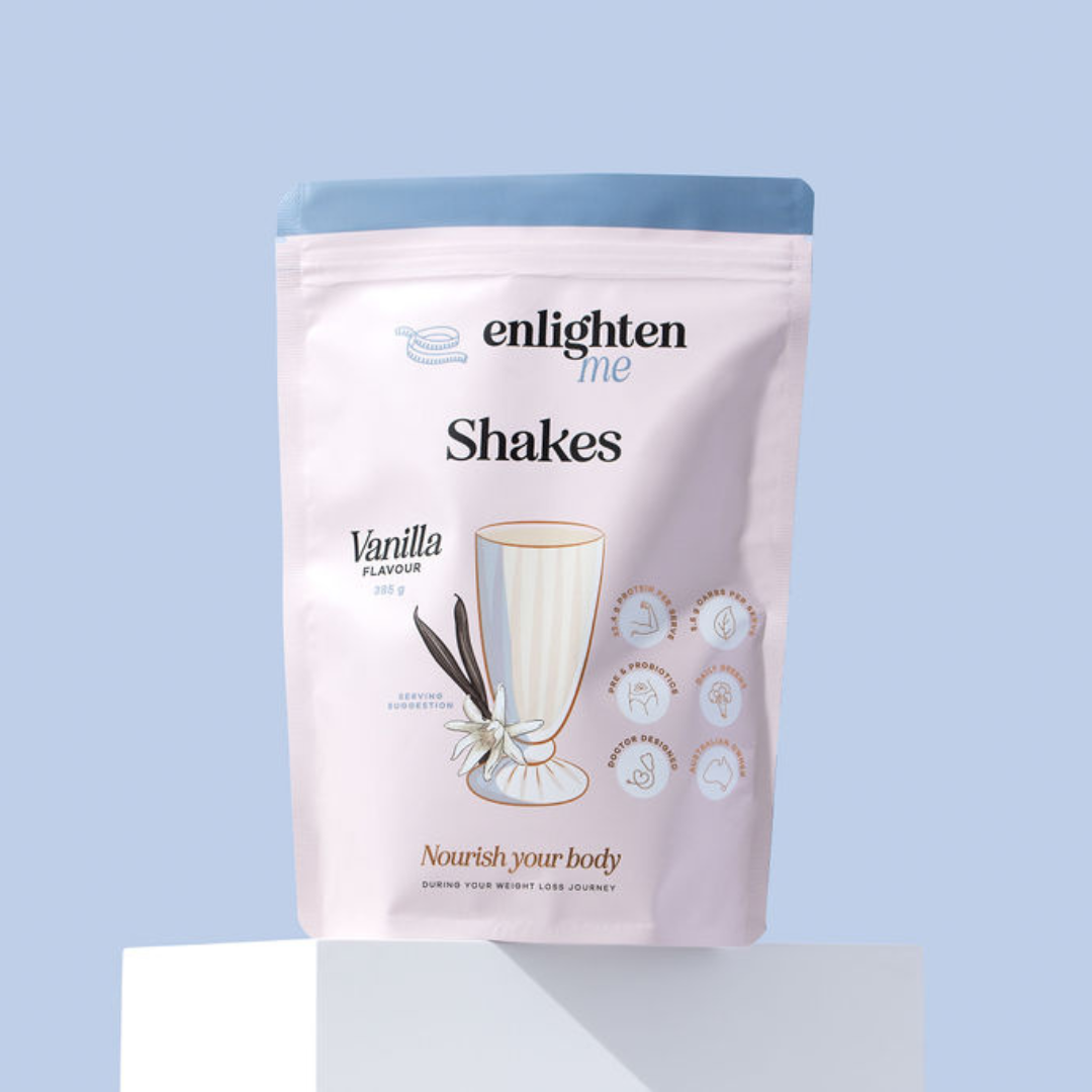 The Enlighten Me Shakes in Vanilla Flavoured as pictured from the front.