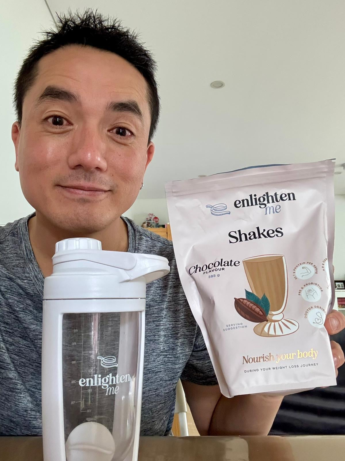 Weil and the Enlighten Me Shakes in Chocolate with his Shaker