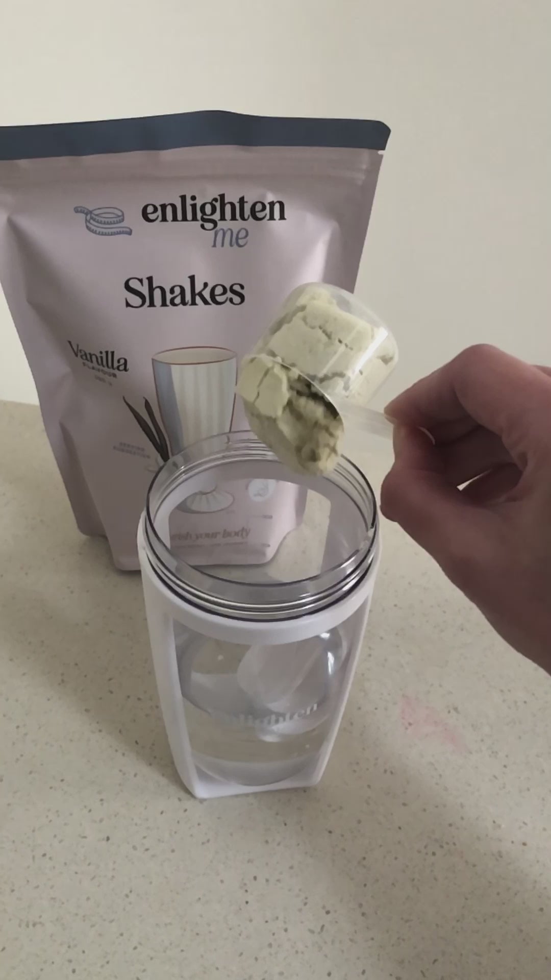 A video showing the Enlighten Me Shakes in Vanilla flavour being mixed with yoghurt and cranberry sprinkle to make a smooth high protein meal replacement shake.