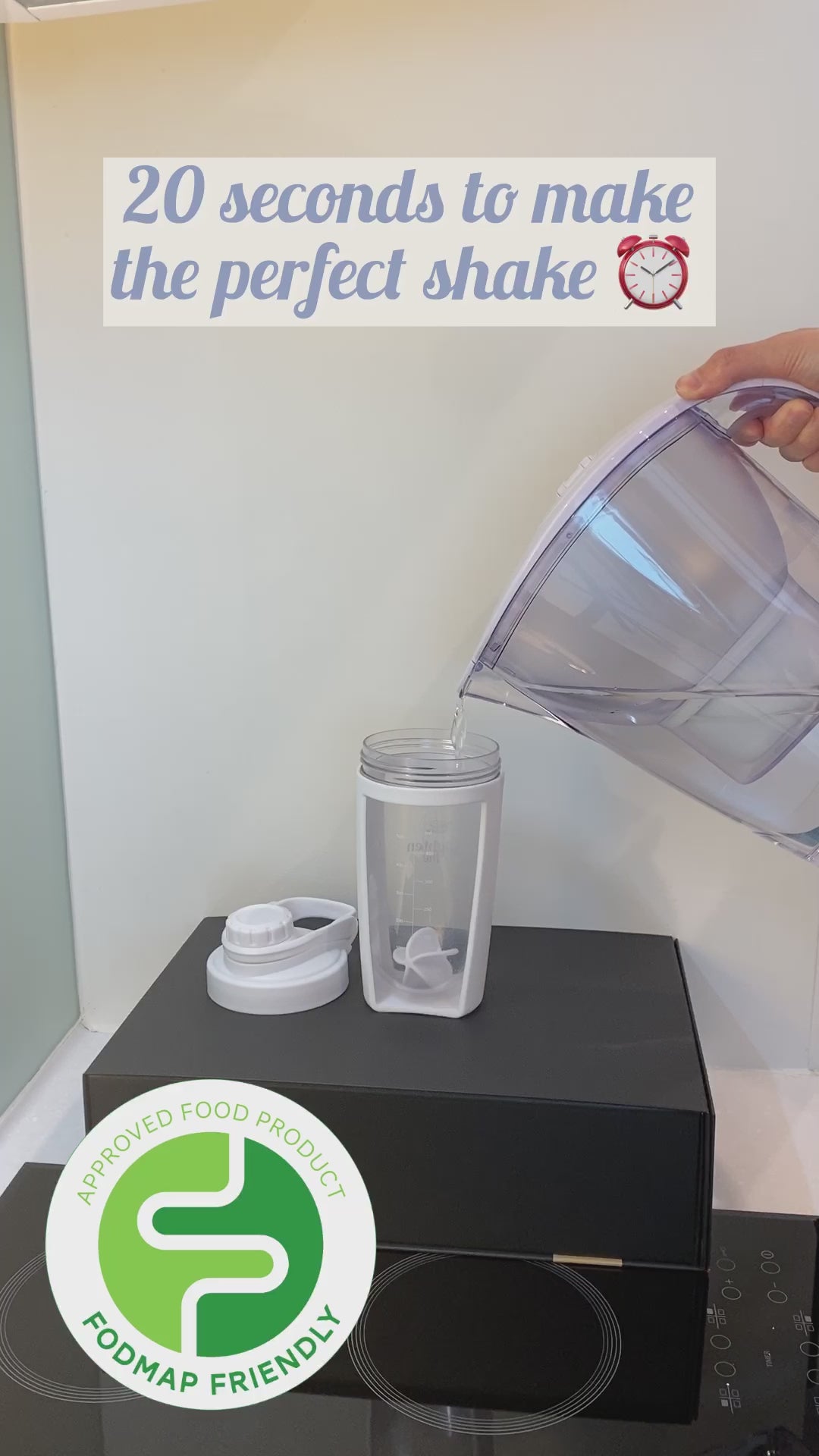 A video showing that it takes only 20 seconds to create an Enlighten Me Shake, a meal replacement shake.