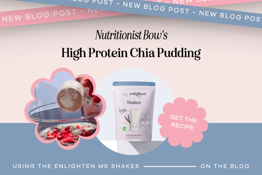 High protein chia pudding made with Enlighten Me Vanilla Shake, with goji berries and chia seeds, featured in Nutritionist Bow’s healthy recipe blog.