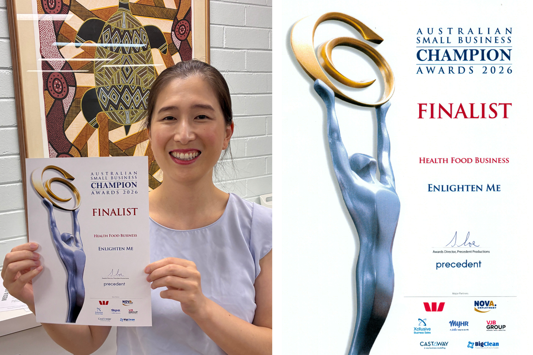 Dr. Angela Kwong holding an Australian Small Business Champion Awards 2026 finalist certificate for Health Food Business, Enlighten Me