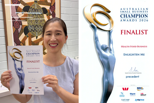 Dr. Angela Kwong holding an Australian Small Business Champion Awards 2026 finalist certificate for Health Food Business, Enlighten Me