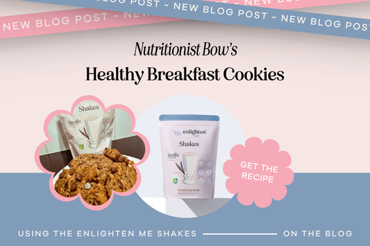 Nutritionist Bow’s healthy breakfast cookies made with the Enlighten Me Vanilla Meal Replacement Shake, an easy school holiday snack recipe for kids.