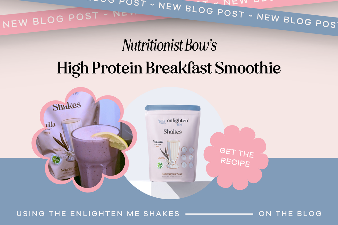 High Protein Breakfast Smoothie made with Enlighten Me Vanilla Shake, featuring a creamy berry smoothie and the Enlighten Me Shakes protein powder for a healthy, high-protein breakfast recipe.