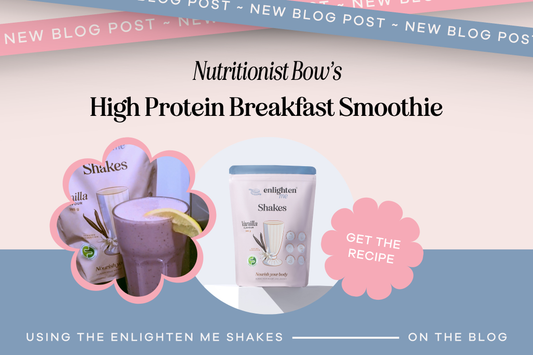 High Protein Breakfast Smoothie made with Enlighten Me Vanilla Shake, featuring a creamy berry smoothie and the Enlighten Me Shakes protein powder for a healthy, high-protein breakfast recipe.