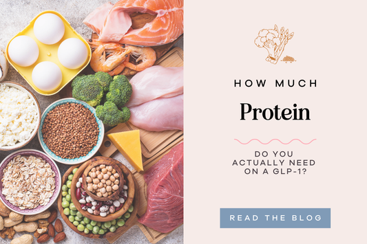 Protein-rich foods including salmon, chicken, eggs, cottage cheese, legumes, nuts, and broccoli with the title "How Much Protein Do You Actually Need on a GLP-1?"