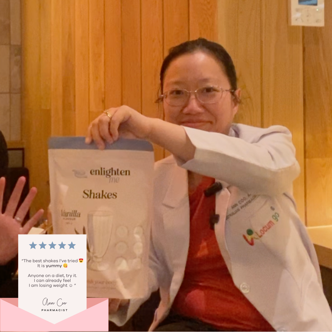 A photo of Ann Coo, Pharmacist, presenting the Enlighten Me Shake in Vanilla Flavour, a high protein meal replacement shake for weight loss.