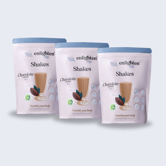 The Enlighten Me Chocolate Bundle. Containing three bags of chocolate shakes, total 21 serves. Meal replacement shakes for weight loss. 