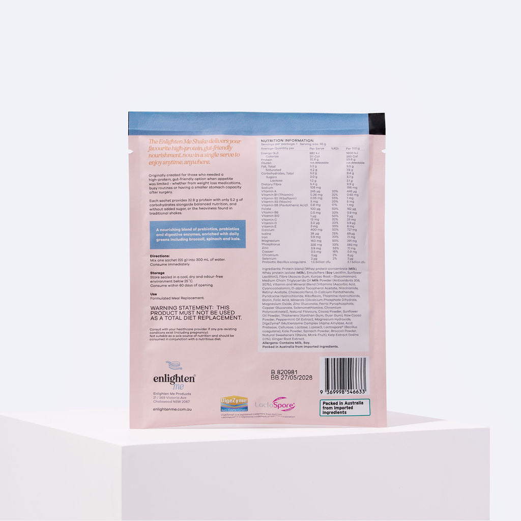 Back of the Enlighten Me Chocolate shake 55g sachet, showing the nutrition information panel, ingredients and mixing directions for the high-protein, FODMAP Friendly shake.