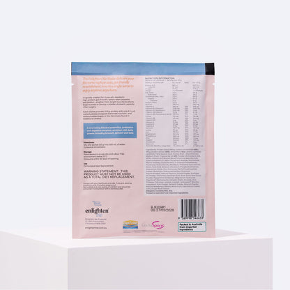 Back of the Enlighten Me Chocolate shake 55g sachet, showing the nutrition information panel, ingredients and mixing directions for the high-protein, FODMAP Friendly shake.