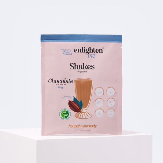 Front of the Enlighten Me Chocolate meal replacement shake 55g sachet, a blush and blue pouch with a chocolate milkshake illustration, FODMAP Friendly badge and high-protein icons.