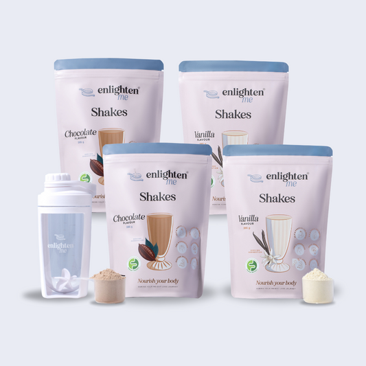 The Enlighten Me Complete Bundle. Containing two vanilla shakes, two chocolate shakes and our Shaker Cup. Meal replacement shakes for weight loss. 