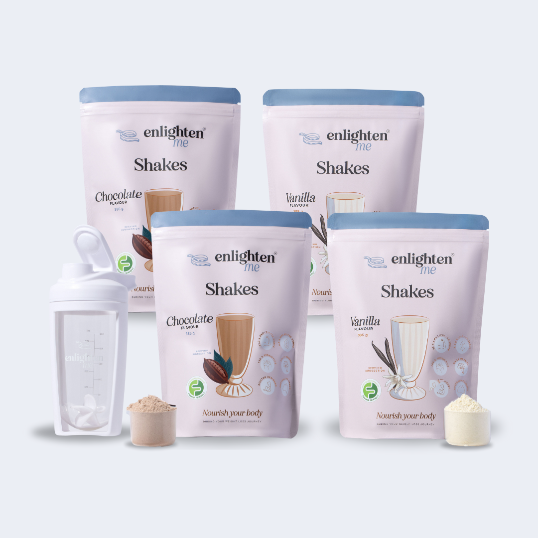 Four bags of Enlighten Shakes in Chocolate and Vanilla flavours with a white shaker on a light gray background.