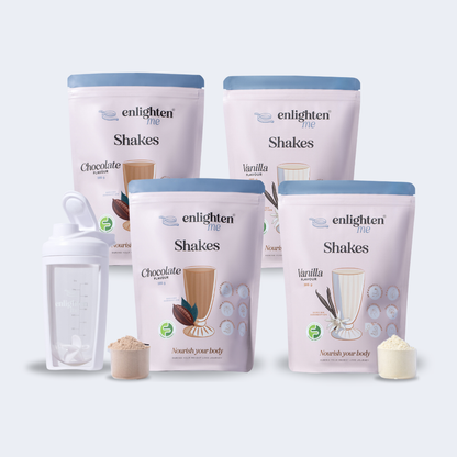 Four bags of Enlighten Shakes in Chocolate and Vanilla flavours with a white shaker on a light gray background.