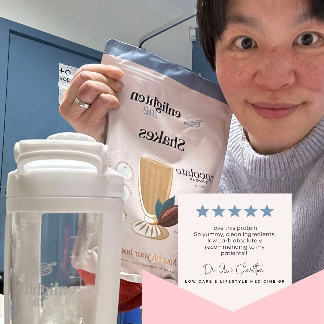 Dr. Avi Charlton General Practiitioner Low Carb and Lifestyle Medicine with an Enlighten Me Shake in Chocolate a high protein meal replacement shake along with an Enlighten Me Shaker. 