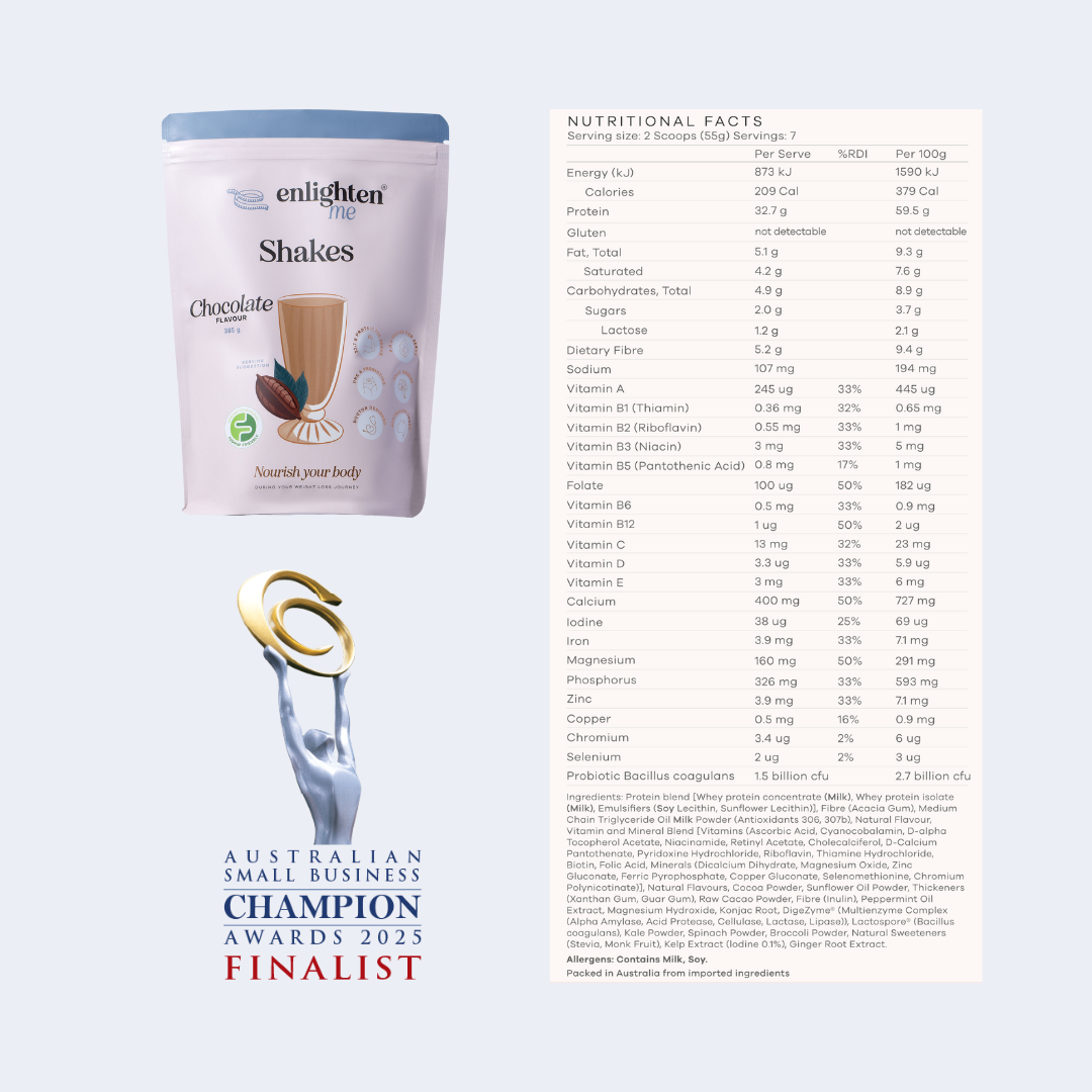 Nutritional facts and ingredient list for the Enlighten Me Shakes in Chocolate flavour. 