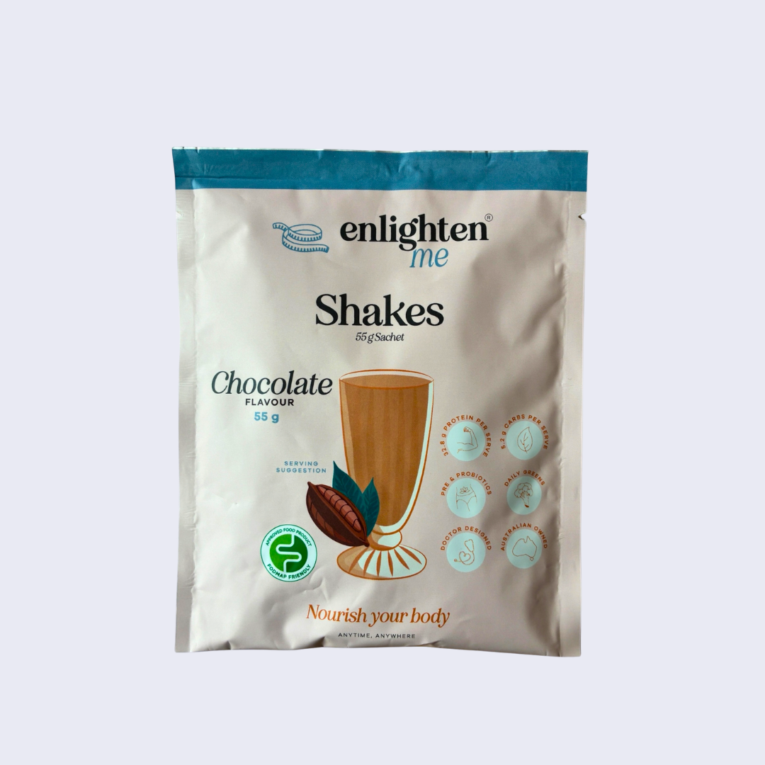 Front of the Enlighten Me Vanilla Meal Replacement Shake single serve 55g sachet, FODMAP Friendly and high protein, on a light background.