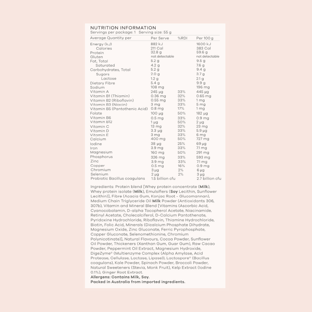 A Nutrition Facts panel for the Enlighten Me Chocolate Shake that comes in a 55g Sachet, printed on a pale peach background, showing nutritional information per serving and ingredients listed below in small text.