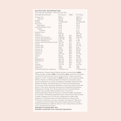 A Nutrition Facts panel for the Enlighten Me Chocolate Shake that comes in a 55g Sachet, printed on a pale peach background, showing nutritional information per serving and ingredients listed below in small text.