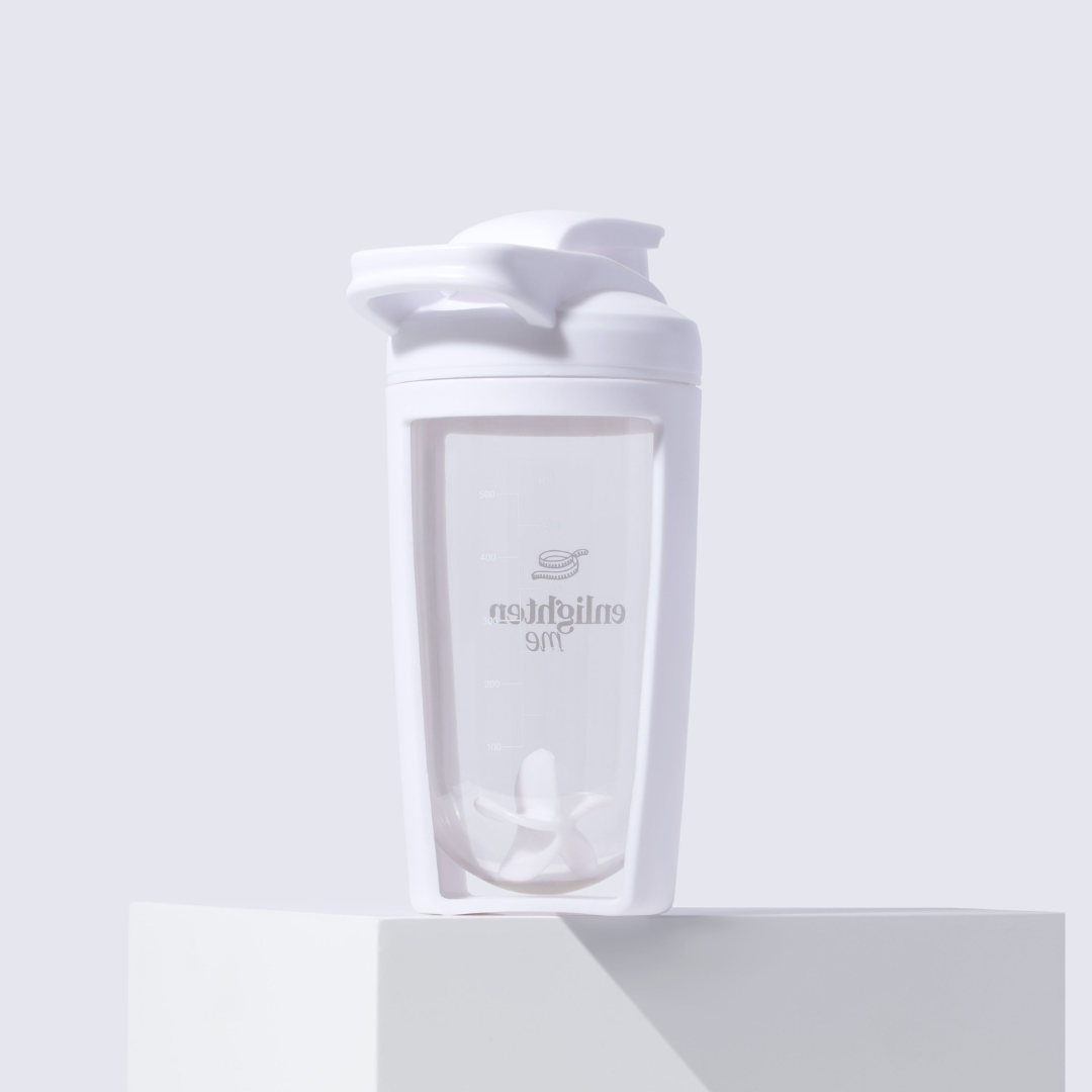 White shaker pop top bottle with a brand logo on a light gray background