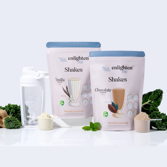 The Enlighten Me Starter Bundle. Containing the Enlighten Me Shakes in Chocolate and Vanilla and our Shaker Cup. Meal replacement shakes for weight loss. 