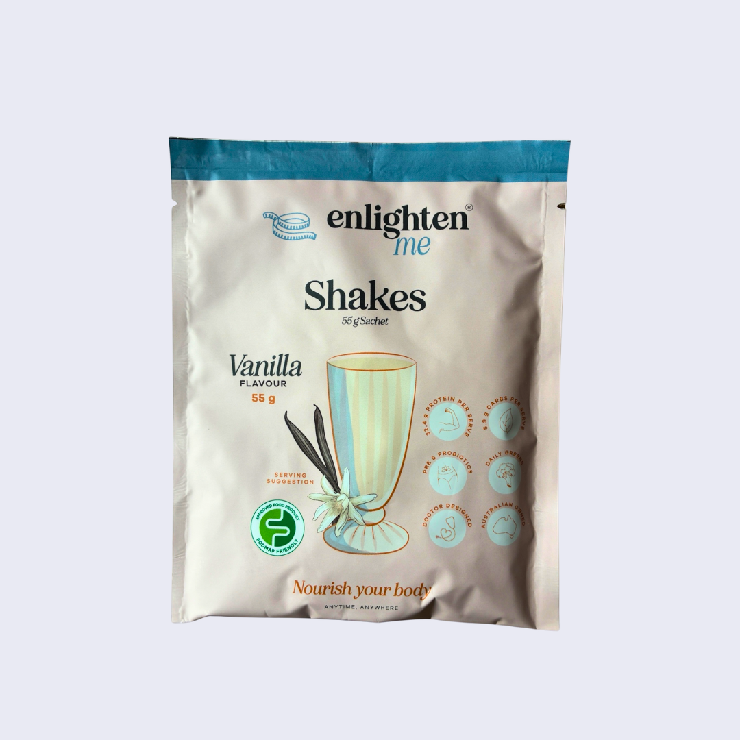 Front of the Enlighten Me Vanilla Meal Replacement Shake single serve 55g sachet, FODMAP Friendly and high protein, on a light background.