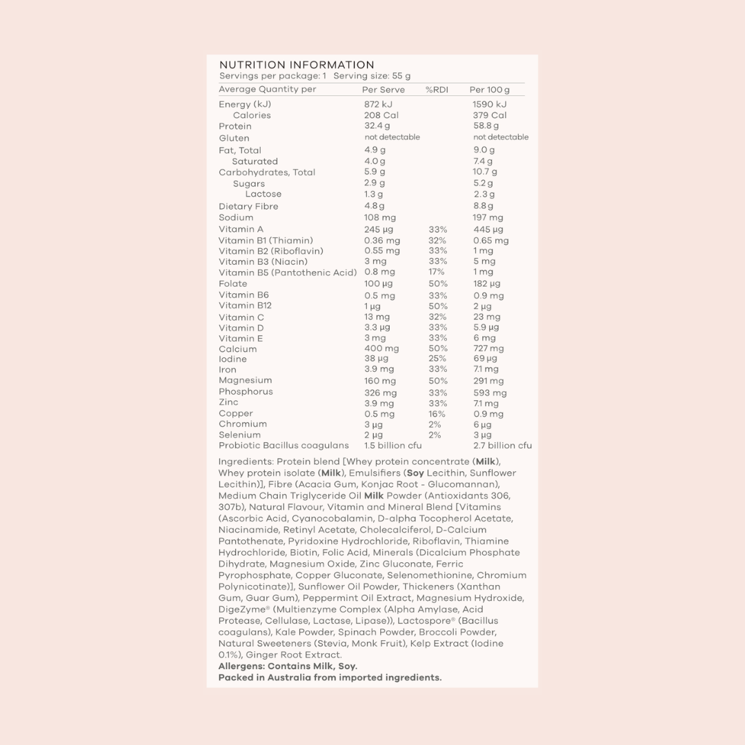 A Nutrition Facts panel for the Enlighten Me Vanilla Shake that comes in a 55g Sachet, printed on a pale peach background, showing nutritional information per serving and ingredients listed below in small text.