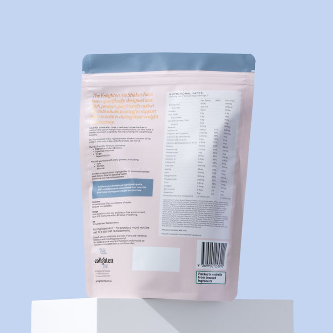Enlighten Me Chocolate Shake High Protein Meal Replacement Shake Back of Bag