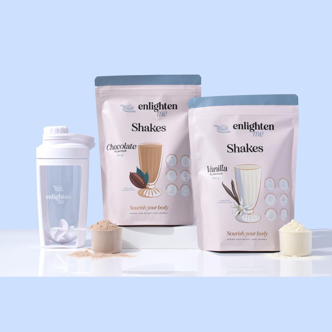 Enlighten Me Starter Bundle High Protein Meal Replacement Shakes for Weight Loss. Picture shows the chocolate and vanilla powders in scoops. 
