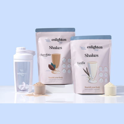 Enlighten Me Starter Bundle High Protein Meal Replacement Shakes for Weight Loss. Picture shows the chocolate and vanilla powders in scoops. 
