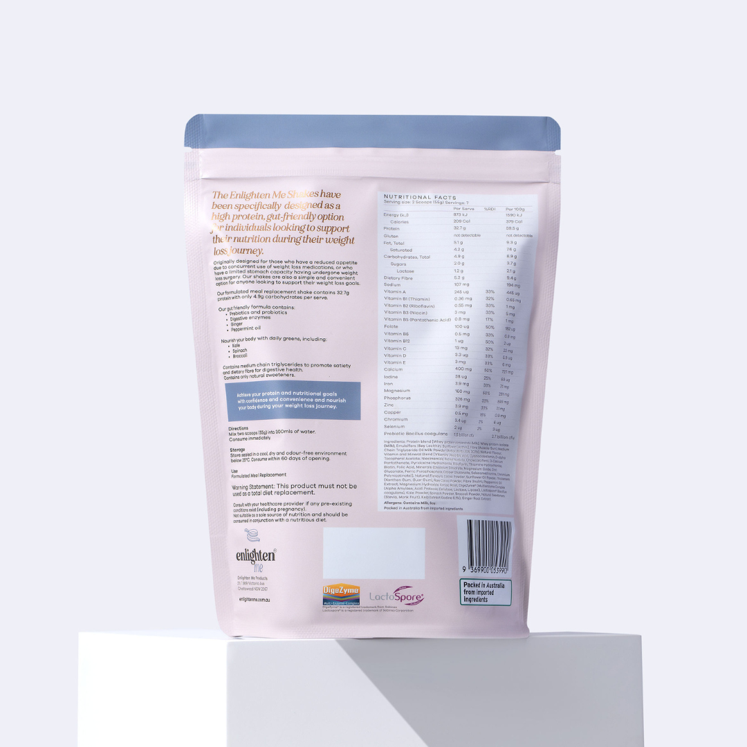 A back view of the Enlighten Me Shakes in Vanilla flavour. Meal replacement shakes for weight loss. 