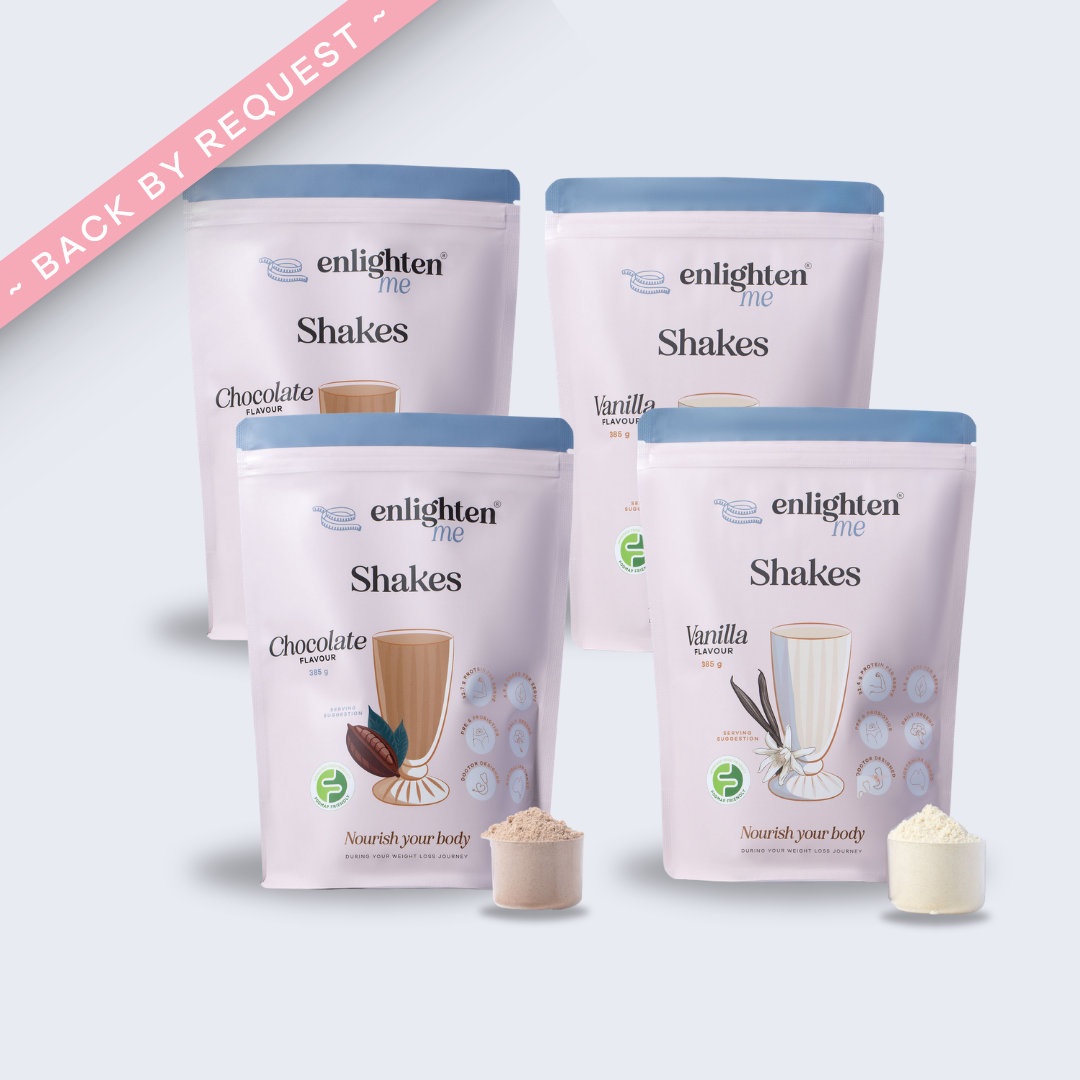 The Enlighten Me Mixed Flavours Quad Bundl: 2 vanilla and 2 chocolate meal replacement shake pouches, containing 28 serves, with a 'back by request' ribbon. 