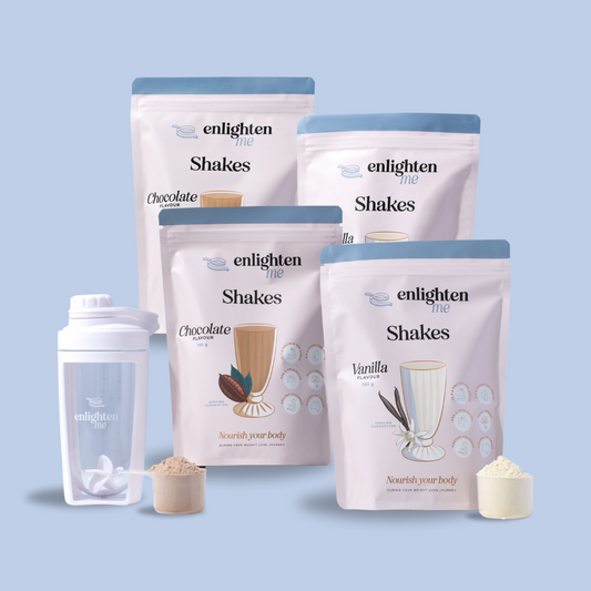 The Enlighten Me Shakes Complete Bundle High Protein Meal Replacement Shakes for Weight Loss. Consisting of one shaker, 2 bags of Chocolate and 2 bags of Vanilla. Picture shows an example of the chocolate and vanilla powders in scoops. 