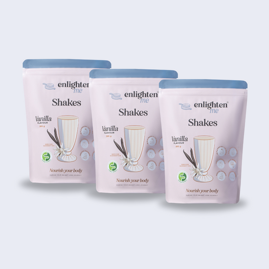 The Enlighten Me Vanilla Bundle. Containing three bags of vanilla shakes, total 21 serves. Meal replacement shakes for weight loss. 