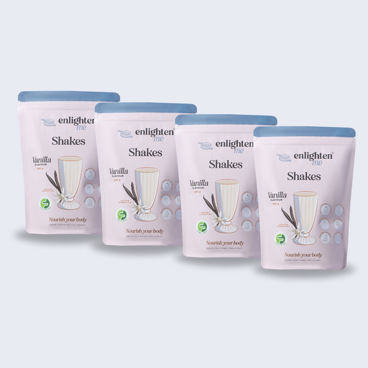 The Enlighten Me Vanilla Quad Bundle. Containing four bags of vanilla shakes, total 28 serves. Meal replacement shakes for weight loss. 
