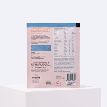 Back of the Enlighten Me Vanilla shake 55g sachet, showing the nutrition information panel, ingredients and mixing directions for the high-protein, FODMAP Friendly shake.