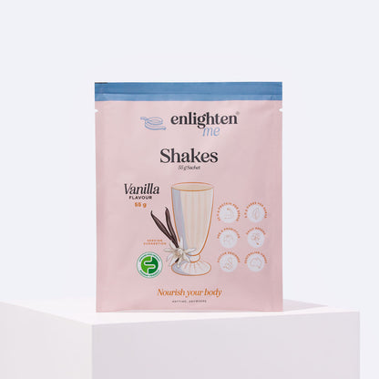 Front of the Enlighten Me Vanilla meal replacement shake 55g sachet, a blush and blue pouch with a vanilla milkshake illustration, FODMAP Friendly badge and high-protein icons.