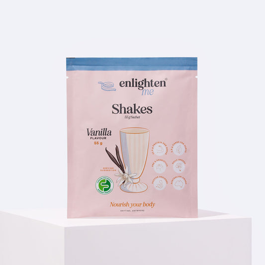 Front of the Enlighten Me Vanilla meal replacement shake 55g sachet, a blush and blue pouch with a vanilla milkshake illustration, FODMAP Friendly badge and high-protein icons.