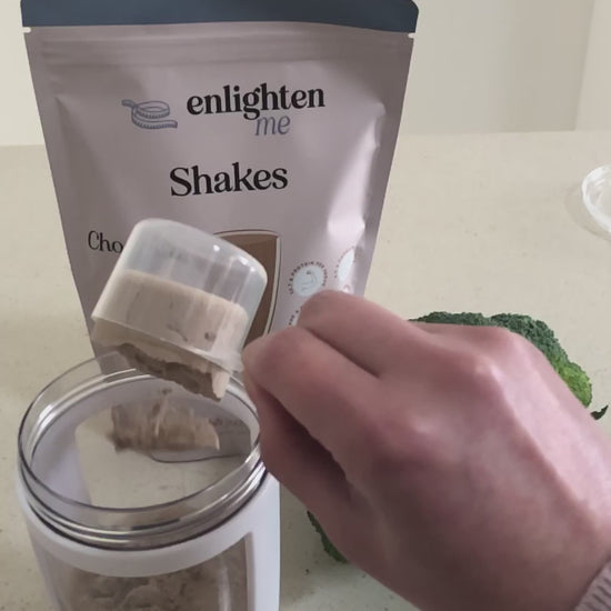 A video of the Enlighten Me Shakes in Chocolate, a high protein meal replacement shake, being made into the Berry Crunch Smoothie recipe, along with high protein yoghurt, blueberries and granola. 