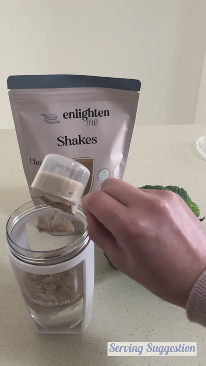 A video of the Enlighten Me Shakes in Chocolate, a high protein meal replacement shake, being made into the Berry Crunch Smoothie recipe, along with high protein yoghurt, blueberries and granola. 
